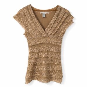 Max Studio Tan Lace V-Neck Blouse Medium Boho Romantic Feminine Top